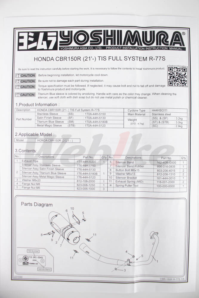 CBR150R ('21-) R-77S TIS 全段排氣管_說明書 CBR150R ('21-) R-77S TIS 全段排氣管_說明書
